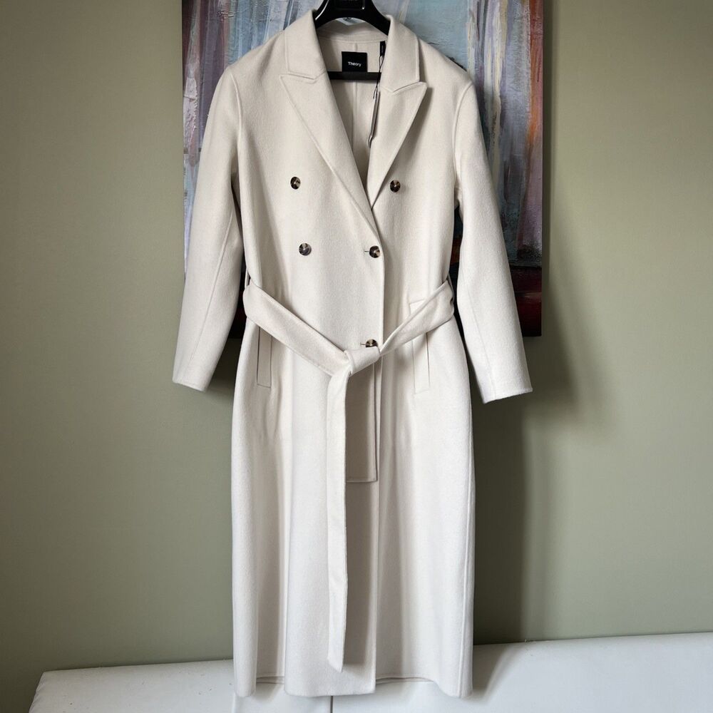 Theory Wool Cashmere Double Breasted Coat Off White Cream Long Jacket Sz L NWT